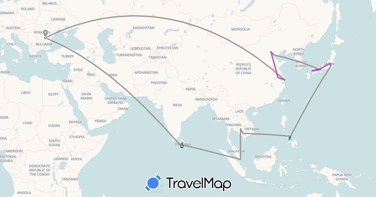TravelMap itinerary: driving, bus, plane, train, boat, motorbike in China, Japan, Cambodia, Sri Lanka, Philippines, Romania, Singapore (Asia, Europe)