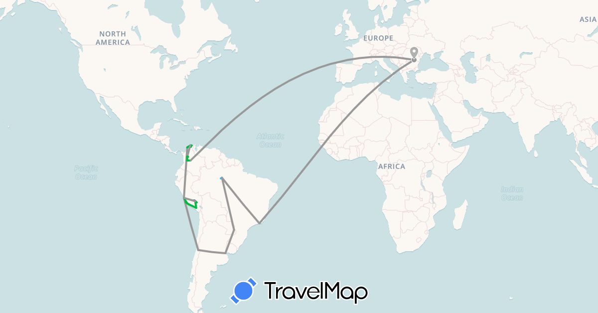 TravelMap itinerary: driving, bus, plane, train, boat in Argentina, Brazil, Chile, Colombia, Peru, Romania (Europe, South America)